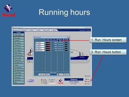 2. Run. Hours button 1. Run. Hours screen Running hours.