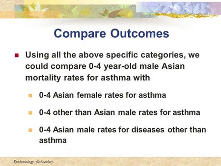 Compare Outcomes Using all the above specific categories, we could compare 0-4 year-old male Asian mortality rates for asthma with 0-4 Asian female rates.