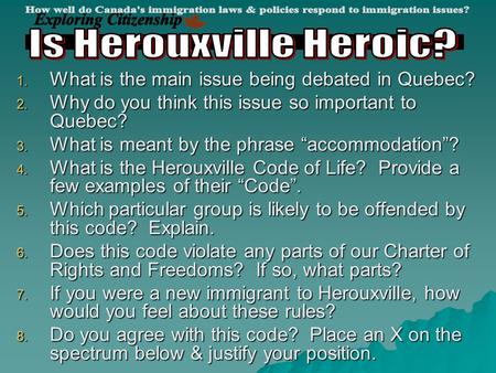 1. What is the main issue being debated in Quebec? 2. Why do you think this issue so important to Quebec? 3. What is meant by the phrase “accommodation”?