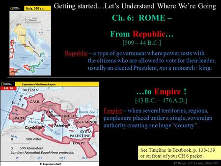 Getting started…Let’s Understand Where We’re Going Ch. 6: ROME – From Republic… [509 – 44 B.C.] Republic – a type of government where power rests with.