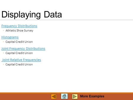 Displaying Data Frequency DistributionsFrequency Distributions ◦Athletic Shoe Survey Histograms ◦Capital Credit Union Joint Frequency Distributions ◦Capital.