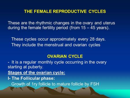 THE FEMALE REPRODUCTIVE CYCLES These are the rhythmic changes in the ovary and uterus during the female fertility period (from 15 – 45 years). These cycles.