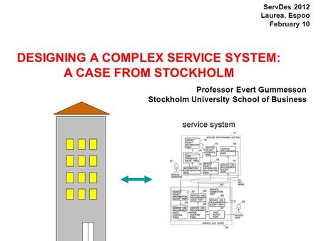 Copyright E. Gummesson 2012 ServDes 2012 Laurea, Espoo February 10 Professor Evert Gummesson Stockholm University School of Business DESIGNING A COMPLEX.