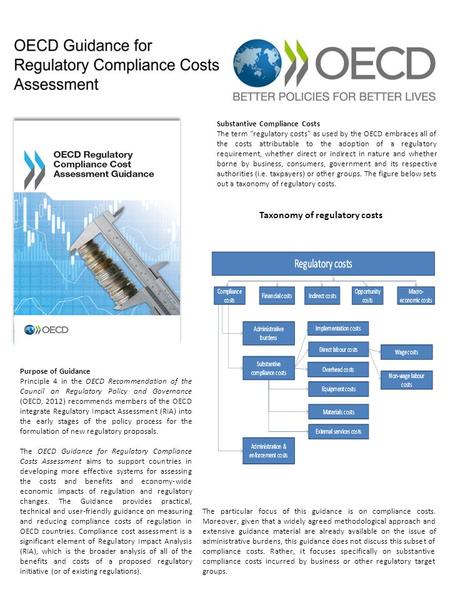 Substantive Compliance Costs The term “regulatory costs” as used by the OECD embraces all of the costs attributable to the adoption of a regulatory requirement,