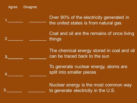 Agree Disagree 1._______ ________ 2._______ ________ 3._______ ________ 5._______ ________ 4._______ ________ Over 80% of the electricity generated in.