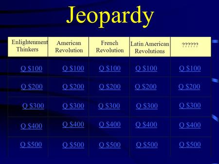 Jeopardy Q $100 Q $100 Q $100 Q $100 Q $100 Q $200 Q $200 Q $200