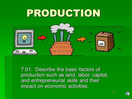 PRODUCTION 7.01: Describe the basic factors of production such as land, labor, capital, and entrepreneurial skills and their impact on economic activities.