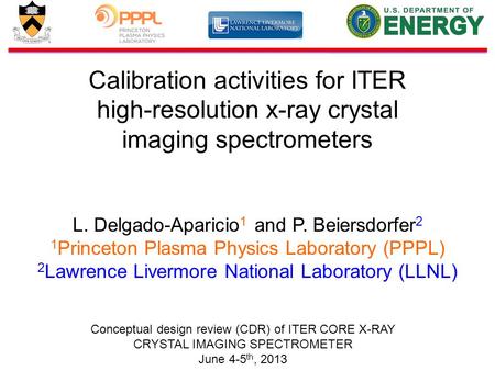 Calibration activities for ITER high-resolution x-ray crystal imaging spectrometers L. Delgado-Aparicio 1 and P. Beiersdorfer 2 1 Princeton Plasma Physics.