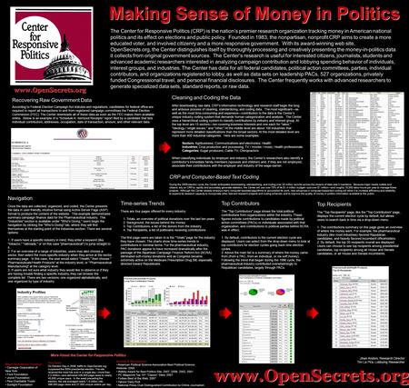 www.OpenSecrets.org Making Sense of Money in Politics The Center for Responsive Politics (CRP) is the nation’s premier research organization tracking.