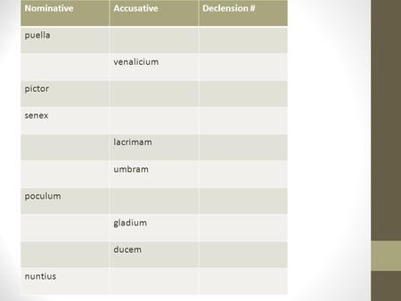 NominativeAccusativeDeclension # puella venalicium pictor senex lacrimam umbram poculum gladium ducem nuntius.