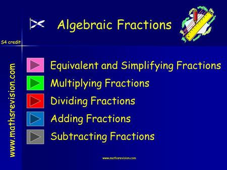 Www.mathsrevision.com S4 credit www.mathsrevision.com Equivalent and Simplifying Fractions Adding Fractions www.mathsrevision.com Multiplying Fractions.