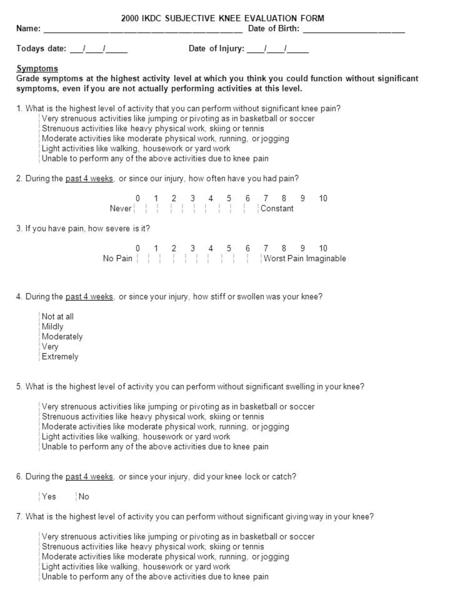 2000 IKDC SUBJECTIVE KNEE EVALUATION FORM