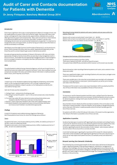 Audit of Carer and Contacts documentation for Patients with Dementia Dr Jenny Finlayson, Banchory Medical Group 2014 Introduction Carers have a significant.