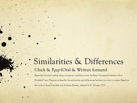 Similarities & Differences Chick & Peep (Oral & Written formats) Expanded Analytic coding using conceptual vocabulary from the Basic Conceptual Systems.