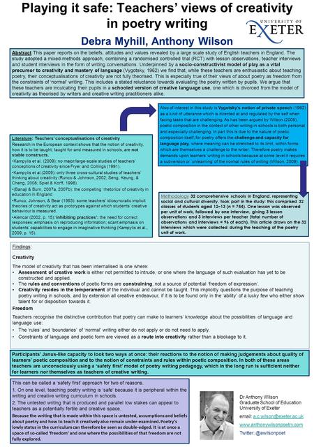 Playing it safe: Teachers’ views of creativity in poetry writing Debra Myhill, Anthony Wilson Participants’ Janus-like capacity to look two ways at once: