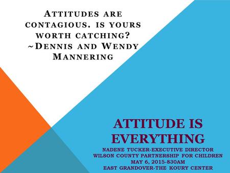 ATTITUDE IS EVERYTHING NADENE TUCKER-EXECUTIVE DIRECTOR WILSON COUNTY PARTNERSHIP FOR CHILDREN MAY 6, 2015-830AM EAST GRANDOVER-THE KOURY CENTER A TTITUDES.