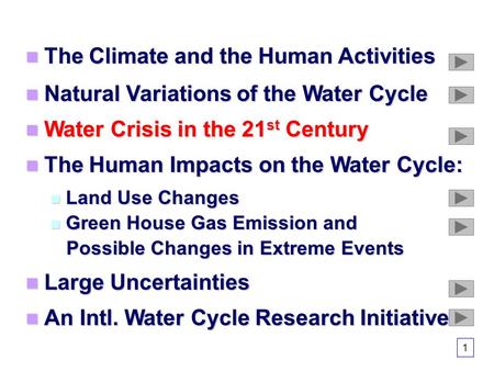 The Climate and the Human Activities The Climate and the Human Activities Natural Variations of the Water Cycle Natural Variations of the Water Cycle Water.