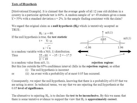 Tests of Hypothesis [Motivational Example]. It is claimed that the average grade of all 12 year old children in a country in a particular aptitude test.