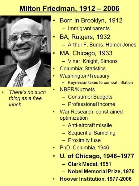 Milton Friedman, 1912 – 2006 There’s no such thing as a free lunch. Born in Brooklyn, 1912 –Immigrant parents BA, Rutgers, 1932 –Arthur F. Burns, Homer.