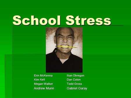 School Stress Erin McKennaIlian Obregon Kim KellDan Colon Megan WalkerTodd Gross Andrew MunnGabriel Garay Andrew MunnGabriel Garay.