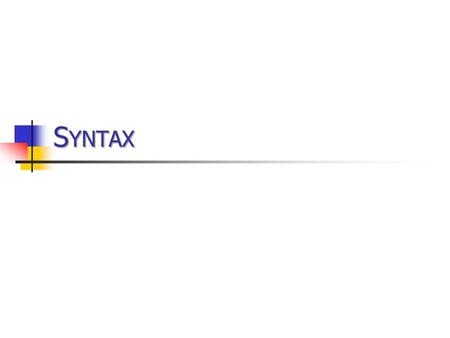 S YNTAX. Outline Programming Language Specification Lexical Structure of PLs Syntactic Structure of PLs Context-Free Grammar / BNF Parse Trees Abstract.