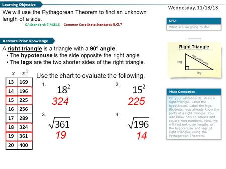 What are we going to do? CFU On your whiteboards, draw a right triangle. Label the hypotenuse. Label the legs. Students, you already know the parts of.