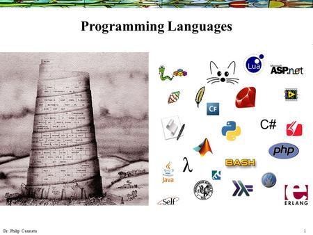 Dr. Philip Cannata 1 Programming Languages. Dr. Philip Cannata 2 10 Java (Object Oriented) ASP RDF (Horn Clause Deduction, Semantic Web) Relation Jython.