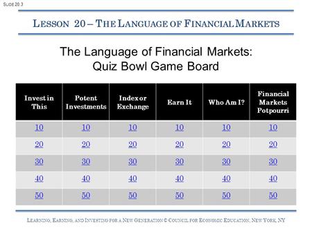 L EARNING, E ARNING, AND I NVESTING FOR A N EW G ENERATION © C OUNCIL FOR E CONOMIC E DUCATION, N EW Y ORK, NY The Language of Financial Markets: Quiz.