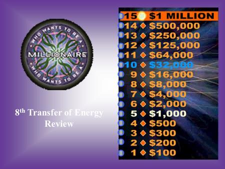 8 th Transfer of Energy Review A:B: Thermal-Light-ElectricalNuclear-Thermal-Light C:D: Chemical-Electrical- Light None of these #1 Which type of energy.