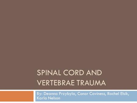 SPINAL CORD AND VERTEBRAE TRAUMA By: Deanna Przybyla, Conor Caviness, Rachel Elsik, Karla Nelson.