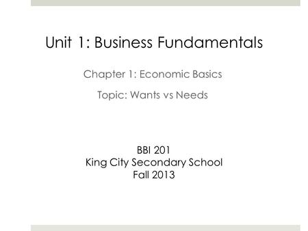 Chapter 1: Economic Basics Topic: Wants vs Needs