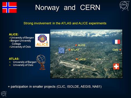 ATLAS:  University of Bergen  University of Oslo ALICE:  University of Bergen  Bergen University College  University of Oslo Strong involvement in.