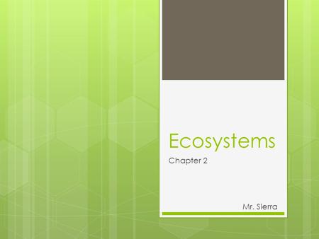 Ecosystems Chapter 2 Mr. Sierra. Biotic = Abiotic = Chapter 2 - Section 1 Living Things Non-Living Things What is an “Ecosystem”?  All the different.