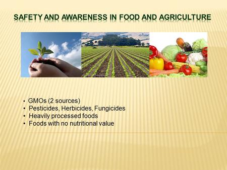 GMOs (2 sources) Pesticides, Herbicides, Fungicides Heavily processed foods Foods with no nutritional value.