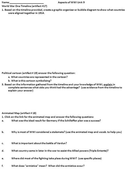 Name:________________________ Aspects of WWI Unit 9 World War One Timeline (artifact #17) 1. Based on the timeline provided, create a graphic organizer.