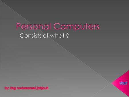 Start. Hardware Software Definition: Hardware are the materialistic components inside the PC. Examples: 1-The Monitor 2-The Mouse 3-The Keyboard 4-The.