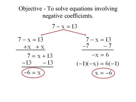 Objective - To solve equations involving negative coefficients.