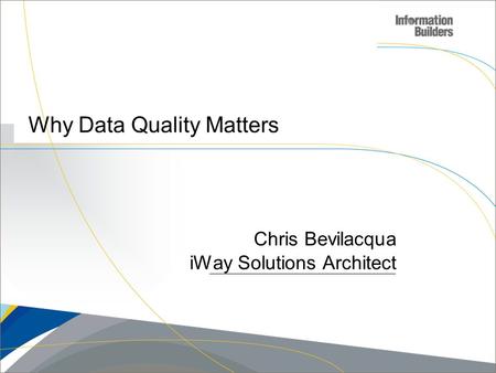 Copyright 2009, Information Builders. Slide 1 Why Data Quality Matters Chris Bevilacqua iWay Solutions Architect.