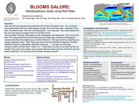 BLOOMS GALORE: Interdisciplinary study using Red Tides Student products Poster + oral presentation Written report (lab report) Journal paper Brochure/field.