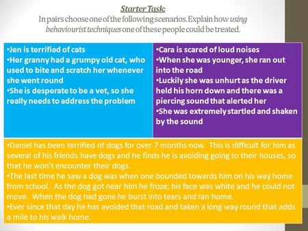 Starter Task: In pairs choose one of the following scenarios. Explain how using behaviourist techniques one of these people could be treated. Jen is terrified.