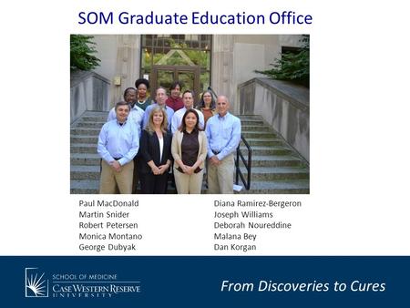 From Discoveries to Cures SOM Graduate Education Office Paul MacDonald Martin Snider Robert Petersen Monica Montano George Dubyak Diana Ramirez-Bergeron.