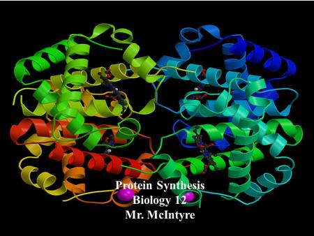 Protein Synthesis Biology 12 Mr. McIntyre. Translation: From messenger RNA to protein: The information encoded in the DNA is transferred to messenger.