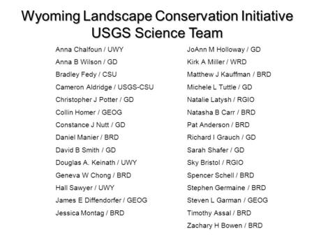 Wyoming Landscape Conservation Initiative USGS Science Team Anna Chalfoun / UWY Anna B Wilson / GD Bradley Fedy / CSU Cameron Aldridge / USGS-CSU Christopher.