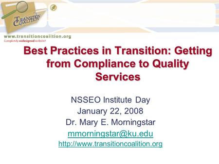 NSSEO Institute Day January 22, 2008 Dr. Mary E. Morningstar  