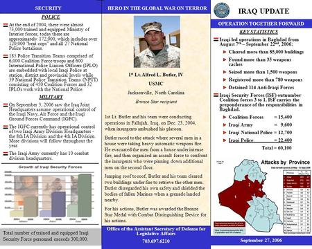 OPERATION TOGETHER FORWARD Office of the Assistant Secretary of Defense for Legislative Affairs 703.697.6210 IRAQ UPDATE September 27, 2006 1 st Lt. Alfred.