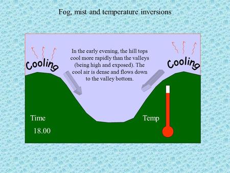 Fog, mist and temperature inversions TimeTemp 18.00 In the early evening, the hill tops cool more rapidly than the valleys (being high and exposed). The.