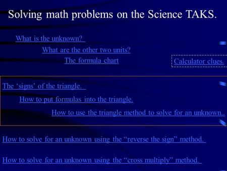 How to use the triangle method to solve for an unknown.. How to put formulas into the triangle. The ‘signs’ of the triangle. What is the unknown? What.