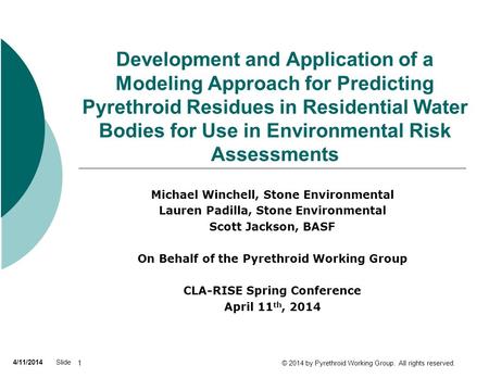 Development and Application of a Modeling Approach for Predicting Pyrethroid Residues in Residential Water Bodies for Use in Environmental Risk Assessments.