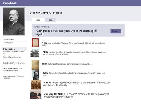 Fakebook Stephen Grover Cleveland Grover Cleveland Veto President Wall Info Write something… Share Information Presidential Number: 22 and 24 Political.