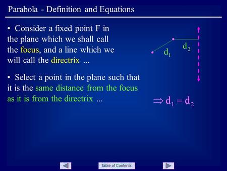 Table of Contents Parabola - Definition and Equations Consider a fixed point F in the plane which we shall call the focus, and a line which we will call.